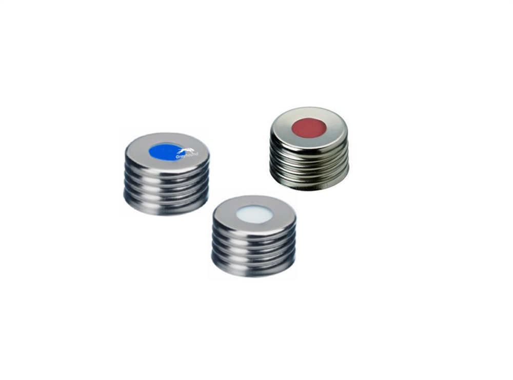 Picture of 18mm Magnetic Screw Cap (Silver) with High Temperature PTFE/Red Silicone Septa, 3mm, (Shore A 45)